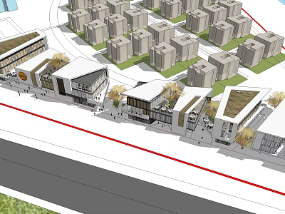 Commercial Street With Modern Buildings Pedestrian Walkways Green Spaces And Shops 3d model