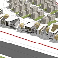 Commercial Street With Modern Buildings Pedestrian Walkways Green Spaces And Shops