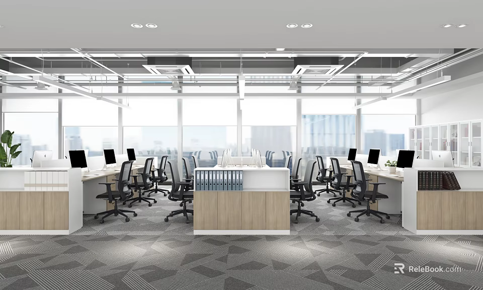 Modern Public Office Space With Open Layout Workstations Computers Large Windows And Natural Light 3d model