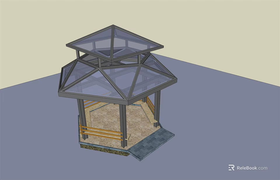 Octagonal Glass Roof Pavilion Structure With Wooden Railings And Square Base 3d model 