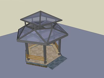 Octagonal Glass Roof Pavilion Structure With Wooden Railings And Square Base 3d model