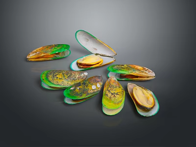 Vibrant Colored Mussels With Open And Closed Shells On Dark Surface 3d model