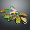 Vibrant Colored Mussels With Open And Closed Shells On Dark Surface