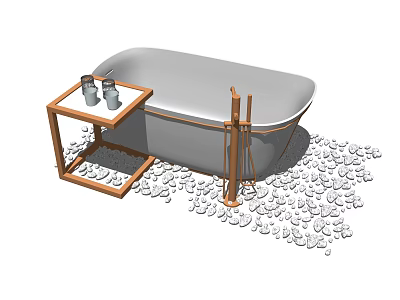 Gray Bathtub with Wooden Side Table Bath Products and Towel Rack on Pebble Floor 3d model