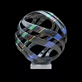 Intricate Modern Metal Spherical Sculpture With Intertwined Strips On White Base