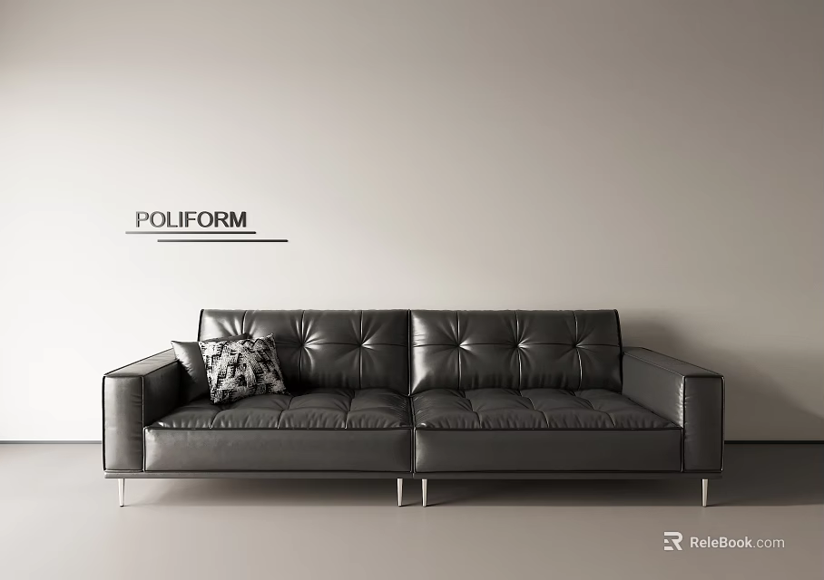 Poliform Modern Black Leather Multi Seater Sofa With Patterned Cushion And Metal Legs 3d model