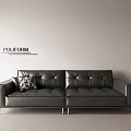 Poliform Modern Black Leather Multi Seater Sofa With Patterned Cushion And Metal Legs 3d model