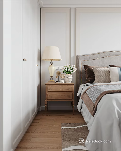 Cozy Bedroom Interior With Wooden Nightstand Table Lamp Floral Vase And Soft Bedding 3d model 