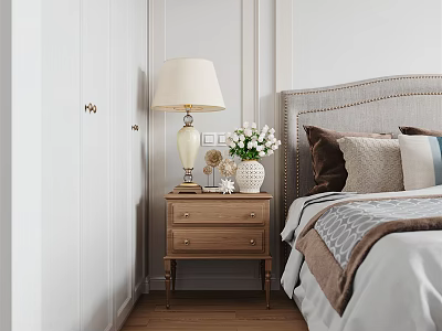 Cozy Bedroom Interior With Wooden Nightstand Table Lamp Floral Vase And Soft Bedding 3d model