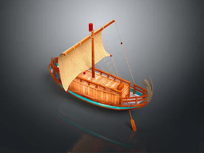 Traditional Wooden Sailing Boat With Tan Sail Wooden Deck And Paddle 3d model