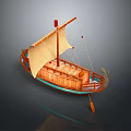 Traditional Wooden Sailing Boat With Tan Sail Wooden Deck And Paddle