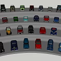 Colorful Car Models In Various Styles Arranged On Stepped Display Platform 3d model