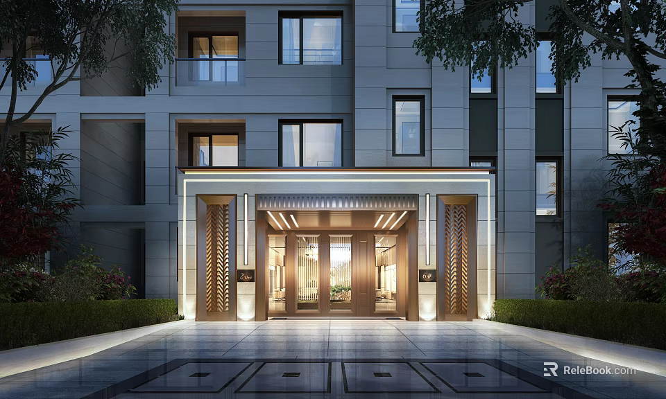 Modern Building Entrance Facade With Glass Doors Metal Frames And Stone Walls 3d model 