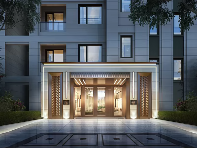 Modern Building Entrance Facade With Glass Doors Metal Frames And Stone Walls 3d model