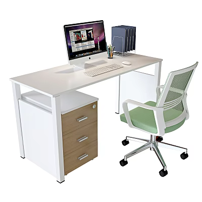 Modern White Office Desk with Computer Monitor Keyboard Mouse Drawer Cabinet and Green Cushion Chair 3d model