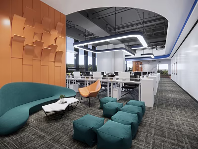 Modern Public Office Space With Orange Wall Decor Green Sofa Bean Bags And White Desks 3d model