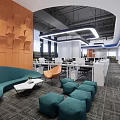 Modern Public Office Space With Orange Wall Decor Green Sofa Bean Bags And White Desks