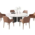 Modern Round Dining Table Set With White Marble Top Black Base And Brown Leather Chairs 3d model
