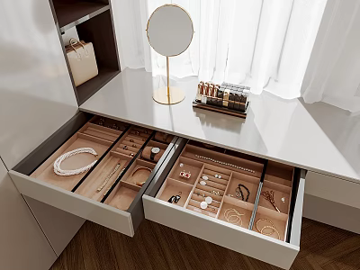 Organized Jewelry Storage in Open Drawers of White Dressing Table with Mirror and Cosmetics 3d model