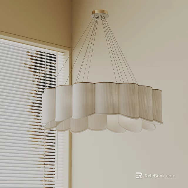 Pleated White Chandelier Hanging in Interior with Window Blinds and Light Walls 3d model 