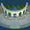 Ornate Outdoor Courtyard With Marble Columns Arches White Pedestals And Central Fountain