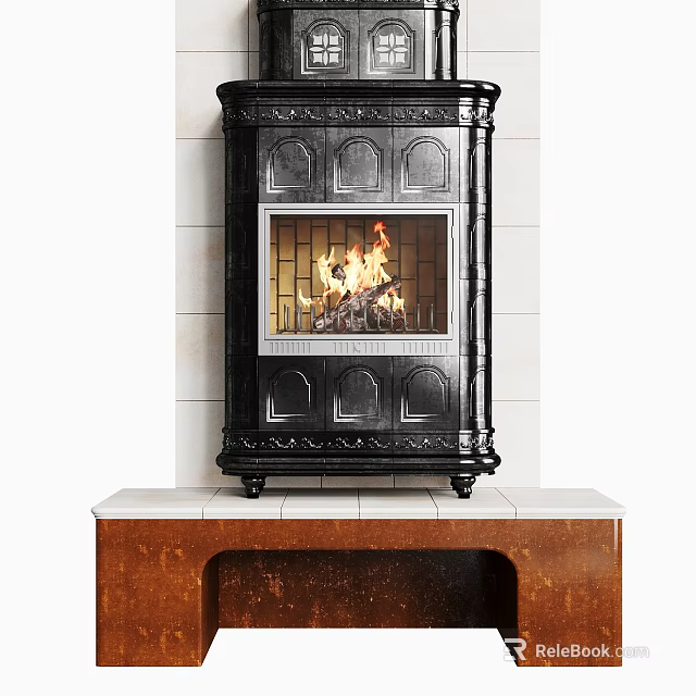Ornate Black Fireplace With Burning Flames Against White Tiled Wall And Brown Base 3d model 