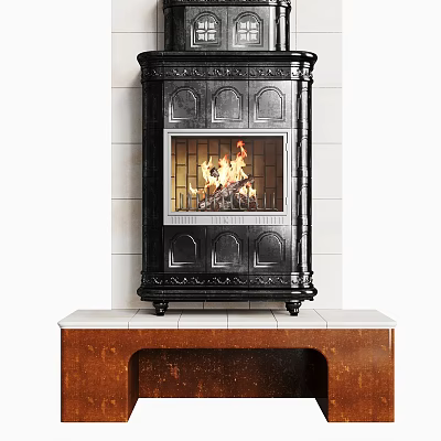 Ornate Black Fireplace With Burning Flames Against White Tiled Wall And Brown Base 3d model