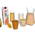 Orange Juice Carton With Glasses Pitcher And Fresh Orange Slices On Table