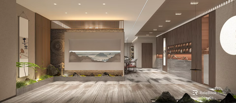 New Chinese Style Clubhouse Interior With Landscape Art And Zen Elements 3d model 