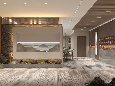 New Chinese Style Clubhouse Interior With Landscape Art And Zen Elements 3d model