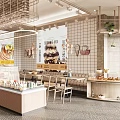 Cozy Dessert Shop With Display Cases Fresh Pastries Seating Area Grid Wall And Green Plants