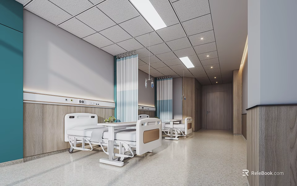Hospital Outpatient Ward With Comfortable Beds Ceiling Lights Wooden Panels And Medical Curtains 3d model 