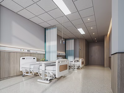 Hospital Outpatient Ward With Comfortable Beds Ceiling Lights Wooden Panels And Medical Curtains 3d model