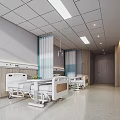 Hospital Outpatient Ward With Comfortable Beds Ceiling Lights Wooden Panels And Medical Curtains