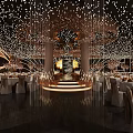 Banquet Hall With Starry Ceiling Lights Grand Chandelier Elegant Dining Tables And Decorated Chairs