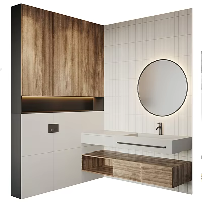 Modern Bathroom Vanity With White Tiled Walls Round Backlit Mirror And Wooden Cabinets 3d model