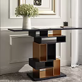 Modern Console Table With Black And Gold Geometric Shelves Vase Books And Photo Frame