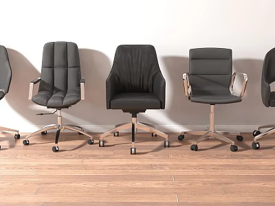 Black Leather Office Chairs With Metal Base Wheels And Multiple Designs On Wooden Floor 3d model