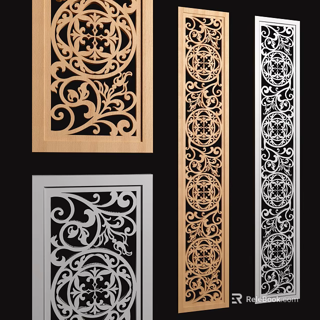 Ornamental Room Dividers With Intricate Filigree Patterns In Golden Silver And Black 3d model 