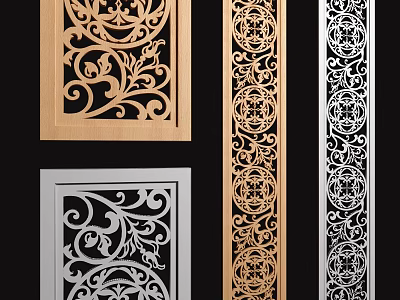 Ornamental Room Dividers With Intricate Filigree Patterns In Golden Silver And Black 3d model
