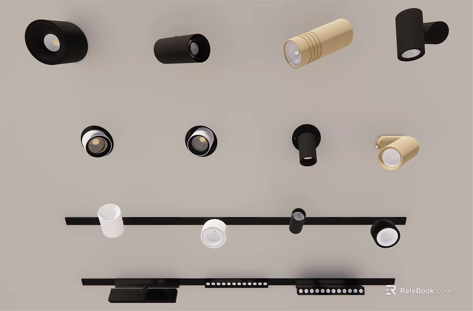 Various Styles of Recessed Downlights and Spotlights in Black Beige White with Track Designs 3d model 