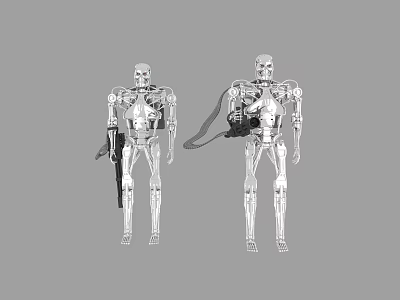 Two Silver Humanoid Skeletal Intelligent Machines With Weapons Standing Side by Side 3d model