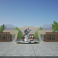 School Building Exterior With Open Square Arched Gateways Central Decorative Steps And Trees 3d model