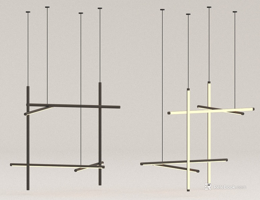Modern Cross Frame Chandeliers in Black and Cream with Suspended Thin Rods 3d model 