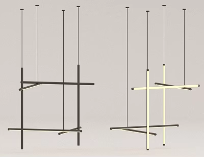 Modern Cross Frame Chandeliers in Black and Cream with Suspended Thin Rods 3d model