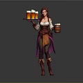 Fantasy Female Tavern Server Carrying Tray With Beer Mugs And Wooden Barrel