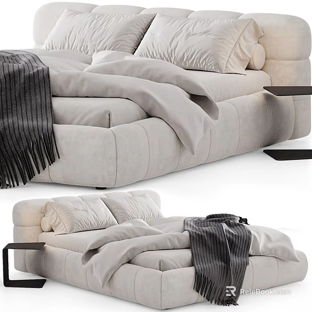 Modern Upholstered Double Bed With Light Colored Bedding Striped Blanket And Side Table 3d model 