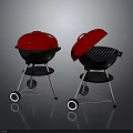 Two Red And Black Electric Grills With Wheels Open Closed Lids And Grill Grates
