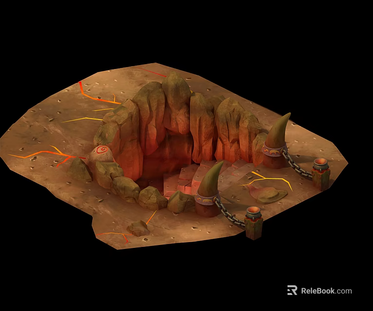 Rocky Cave Structure With Red Glowing Interior Spikes And Chains In Natural Setting 3d model 