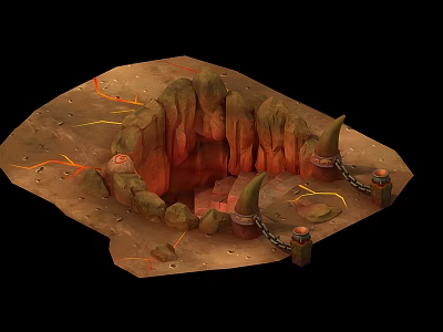 Rocky Cave Structure With Red Glowing Interior Spikes And Chains In Natural Setting 3d model